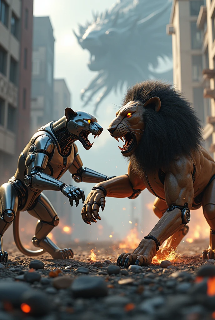3d realistic robot animal leopard and robot  lion sedang fight, urban background full of destruction with lots of fires and alien attacks, dark clouds