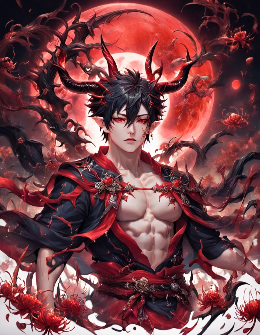 absurdres, highres, ultra detailed, HDR, master piece, best quality, extremely detailed face, delicated features, Xue Yu, untamed spiky hair, black hair, hair between the eyes, short hair,expressive red eyes, Thousand Years War, solo, sexy man, manly man, handsome, demon, horns, slightly poited ears, showing the chest, black haori, red fantasy robes, accessories, spider lilies patterns, red moon, red blood water, fantasy, magic, envy magical, red trees, forest, red dust, red lanterns, red fire, red floating round lights, Jujutsu Kaisen