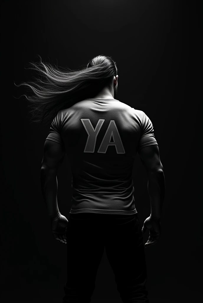 A man is standing ahead of camera back side of man with lang hair and write on his shirt Y A. Background should be black color and the man color white.
The shirt should be like super man type shirt