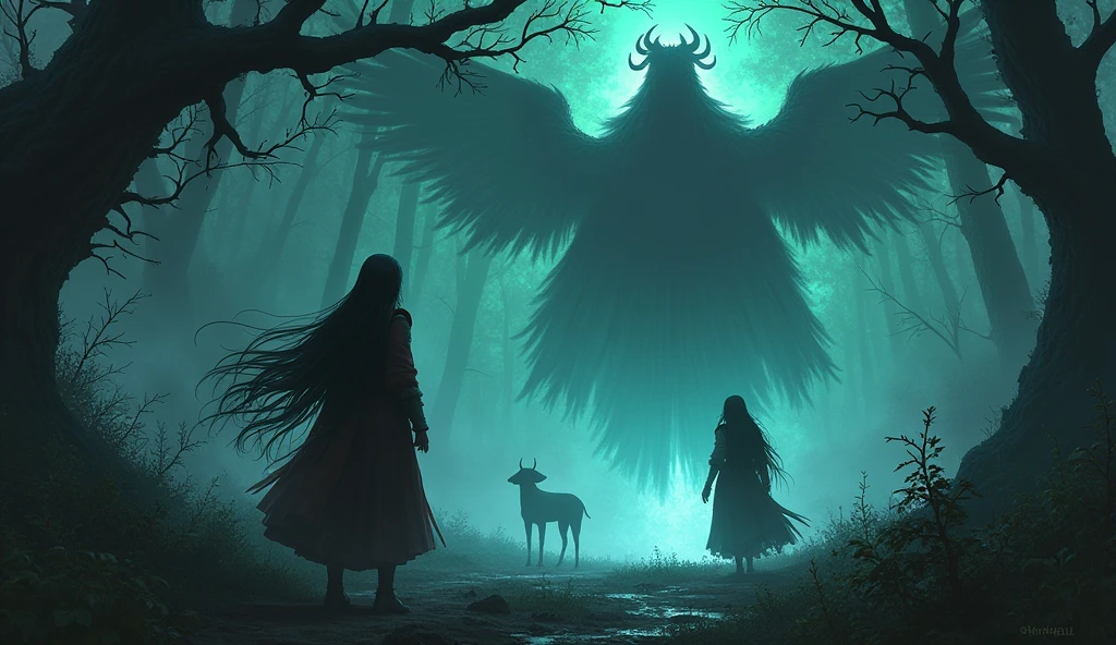 prompt:
Alicia and Eris are searching for the source of the evil presence deep in the forest.、Suddenly it gets dark、A cold wind is blowing。The dark invaders have appeared、Starts absorbing the life force of the forest。wood々Withered、While the animals are terrified、Alicia and Eris rush back to inform the forest guardians.。The guardians prepare for the onslaught of invaders.、Getting ready for battle to protect the forest。