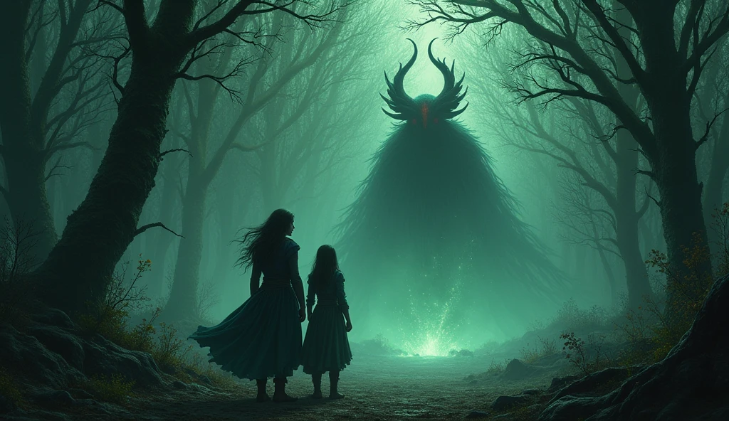 prompt:
Alicia and Eris are searching for the source of the evil presence deep in the forest.、Suddenly it gets dark、A cold wind is blowing。The dark invaders have appeared、Starts absorbing the life force of the forest。wood々Withered、While the animals are terrified、Alicia and Eris rush back to inform the forest guardians.。The guardians prepare for the onslaught of invaders.、Getting ready for battle to protect the forest。