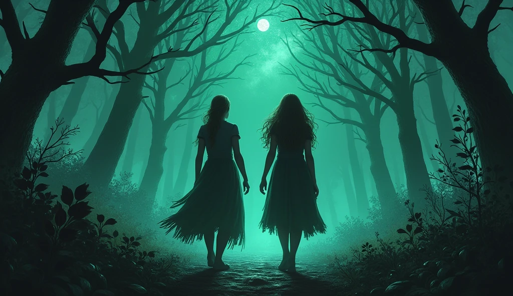 prompt:
Alicia and Eris are searching for the source of the evil presence deep in the forest.、Suddenly it gets dark、A cold wind is blowing。The dark invaders have appeared、Starts absorbing the life force of the forest。wood々Withered、While the animals are terrified、Alicia and Eris rush back to inform the forest guardians.。The guardians prepare for the onslaught of invaders.、Getting ready for battle to protect the forest。