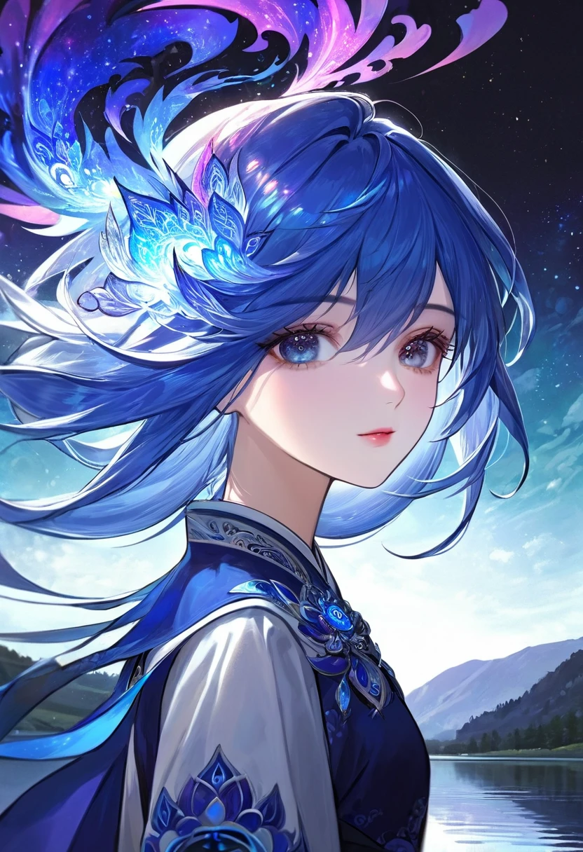 Masterpiece, high resolution, fractal art, a close-up of a beautiful girl with long, indigo-colored mixed white and blue hair standing on a lake with aurora, 1 person, fantasy art, fantastic background, Korean-style eye makeup, mature, shining dress