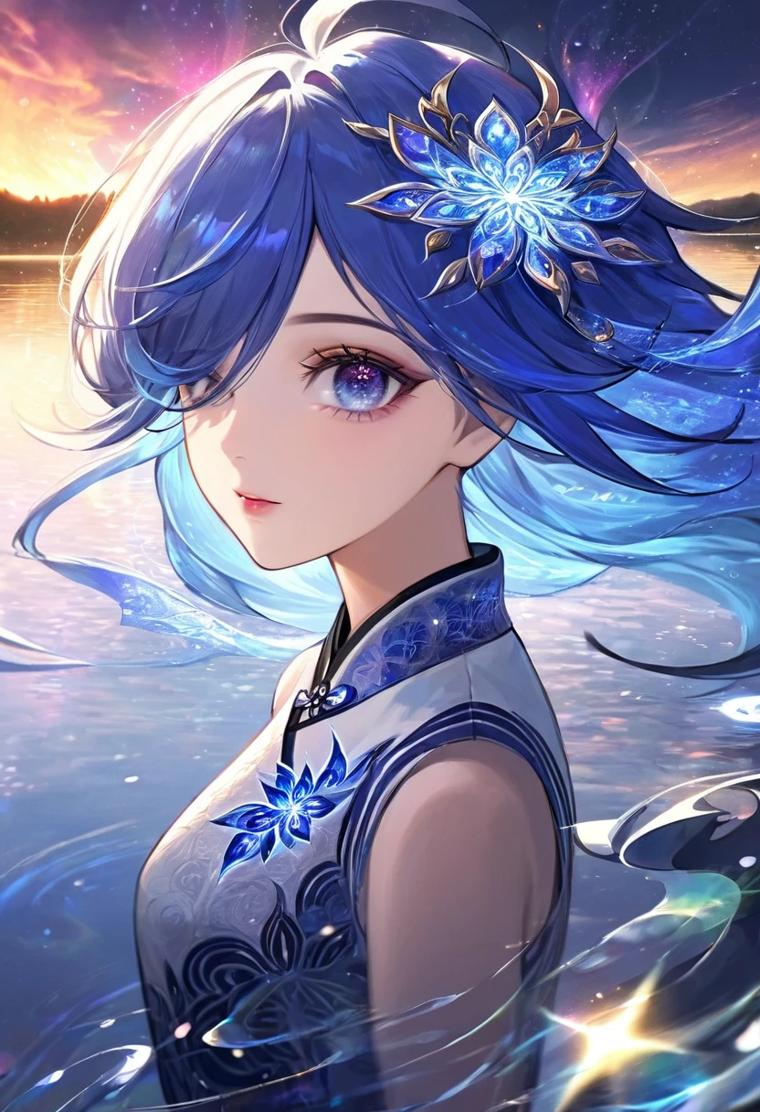 Masterpiece, high resolution, fractal art, a close-up of a beautiful girl with long, indigo-colored mixed white and blue hair standing on a lake with aurora, 1 person, fantasy art, fantastic background, Korean-style eye makeup, mature, shining dress