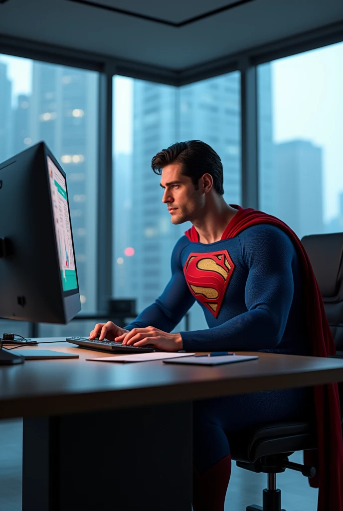 Superman doing calculations on the computer 