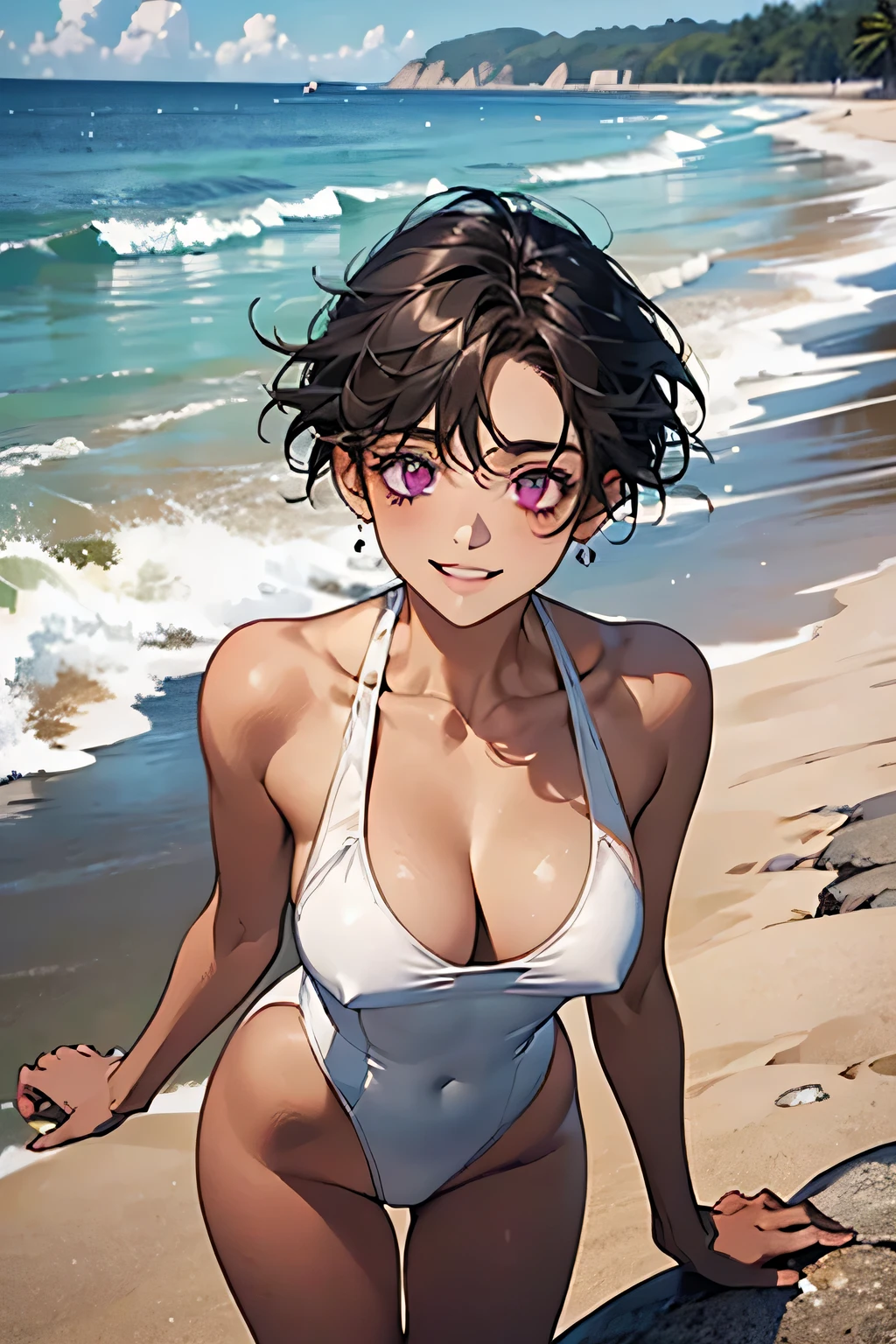Ocean,Young Woman,Are standing,Small Head,(Provocative smile),short hair,Black Hair,Purple Eyes,Large Breasts,Cleavage,(White swimsuit),(Chocolate brown skin).