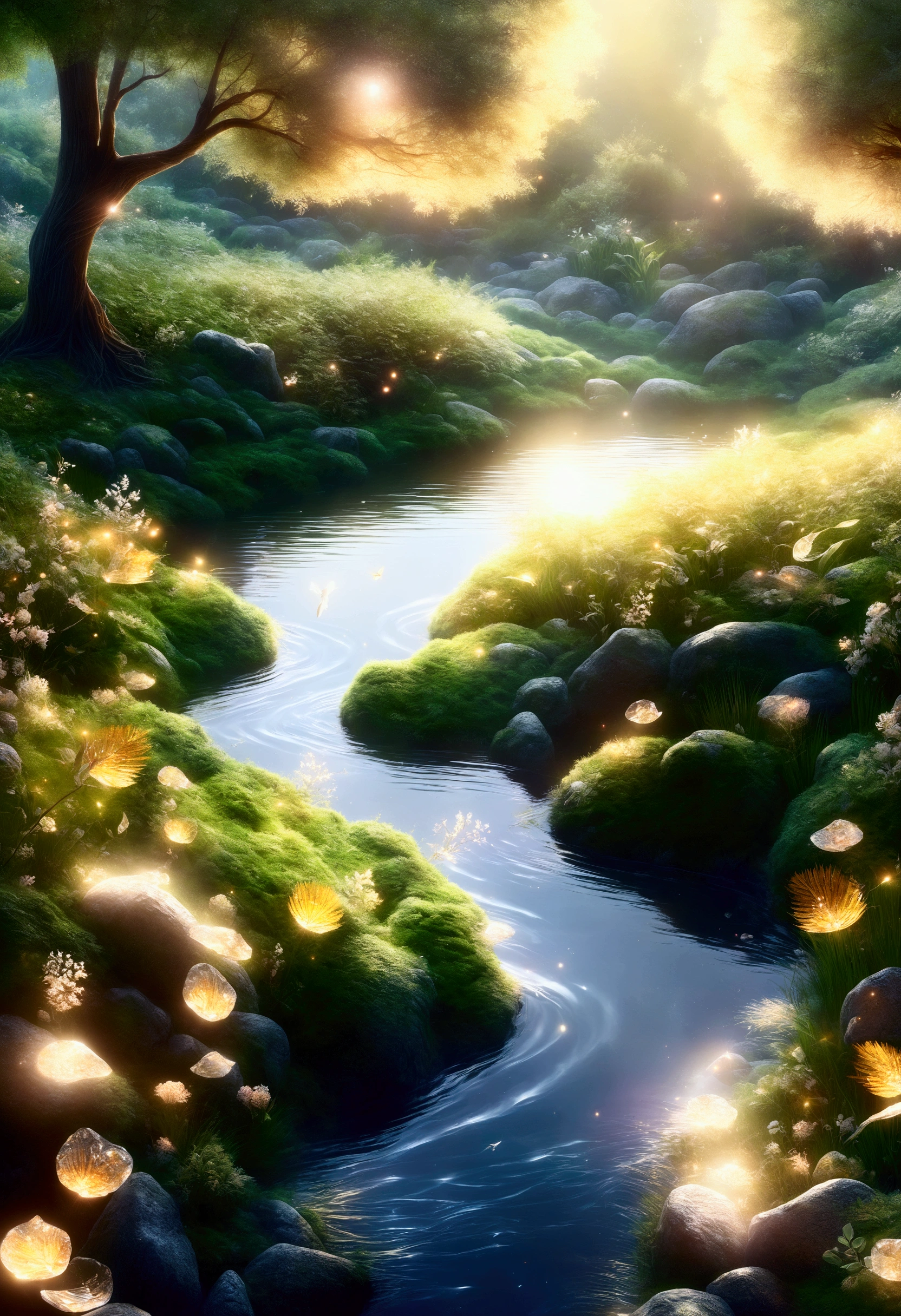 realistic animation, mysterious atmosphere, (best quality, high resolution:1.2), very detailed, realistic, sight, The Enchanted Forest, Beautiful reflection, peaceful atmosphere, soft sunlight, calm valley, Lush green vegetation, A tranquil and peaceful scene, Subtle color palette, Calm atmosphere, breeze, birdsong heard from afar, vivid colors, The freshness of dawn after the rain, magnificent and beautiful, golden sky, underwater rocks, Transparent clear water quality, light reflection on water, ripples on the water, A pattern that makes waves, sublime tranquility, balance, Leisurely and elegant composition, soft lighting, Warm sunlight with golden particles filtering through the leaves.,