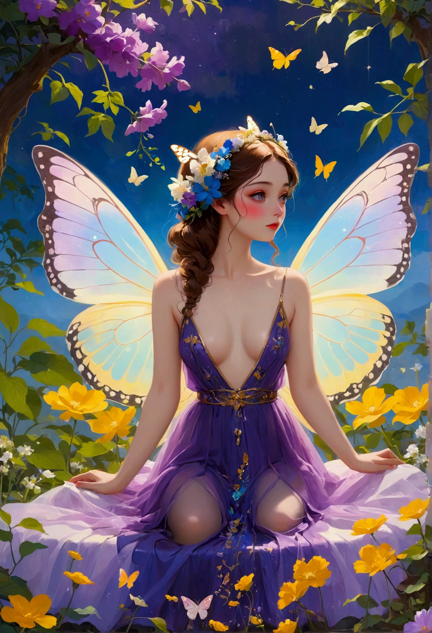 Oil painting on canvas《Summer Valley》,Etienne Adolphe Piaud, Etienne Adolphe Piot,English Pre-Raphaelite painter,Pre-Raphaelite Brotherhood, A woman in a glowing costume sitting on a purple cloud in front of a purple background,Her dress is made of translucent tulle,It is decorated with lights of various colors.,The whole presents a colorful effect,There is a pair of huge butterfly wings behind the woman,Also made of luminous material,radiating a soft,Wearing a flower on the head as decoration,Under her feet, a sea of purple flowers,The flowers look particularly beautiful in the night,dream,mystery,beauty,Aesthetic,Mainly realistic traditional style,The painting style is meticulous,Refreshing colors,HD,in the style of Pre-Raphaelite Brotherhood