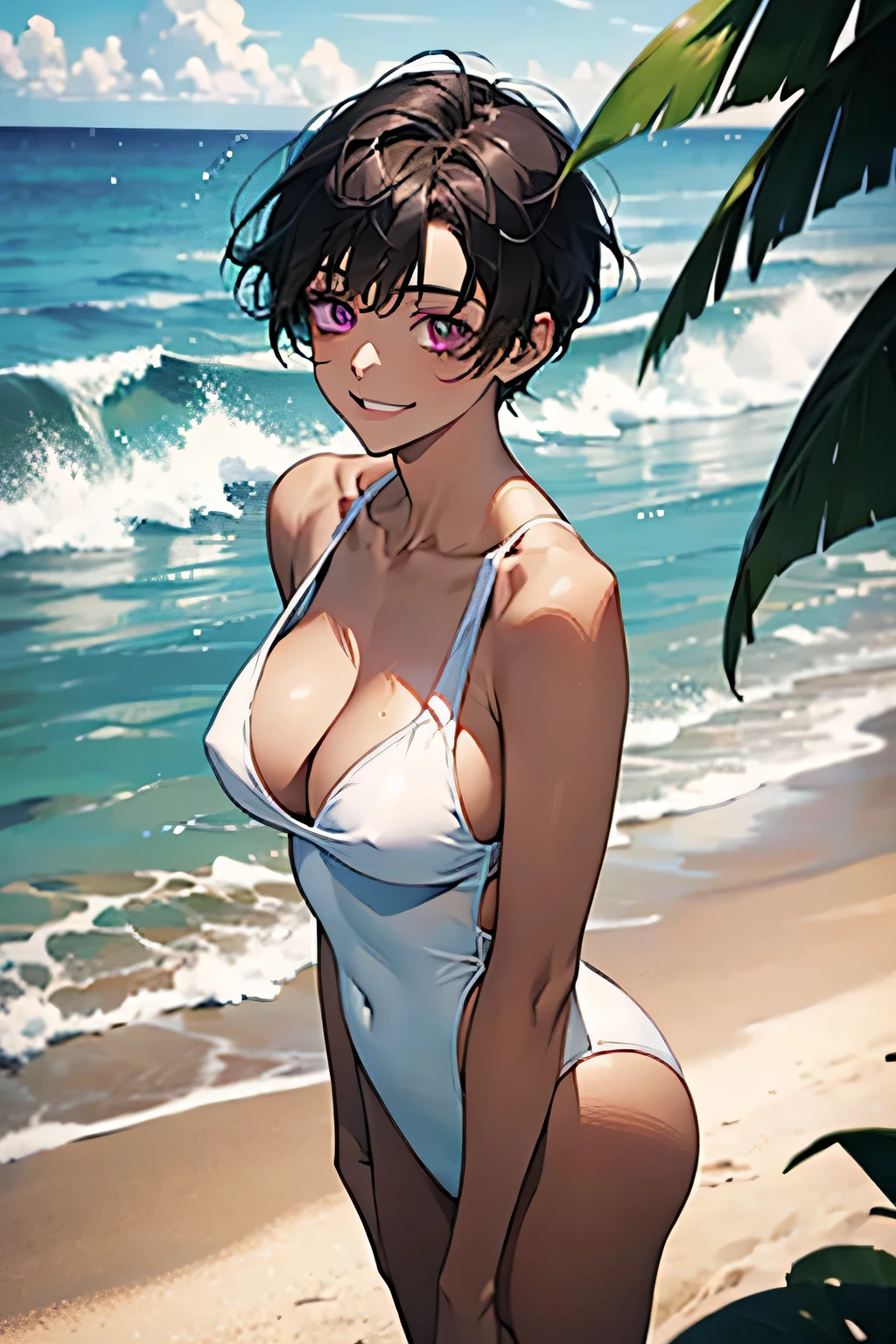 Ocean，Young Woman，Are standing，Small Head，(Provocative smile)，short hair，Black Hair，Purple Eyes，Large Breasts，Cleavage，(White swimsuit)，(Chocolate brown skin).