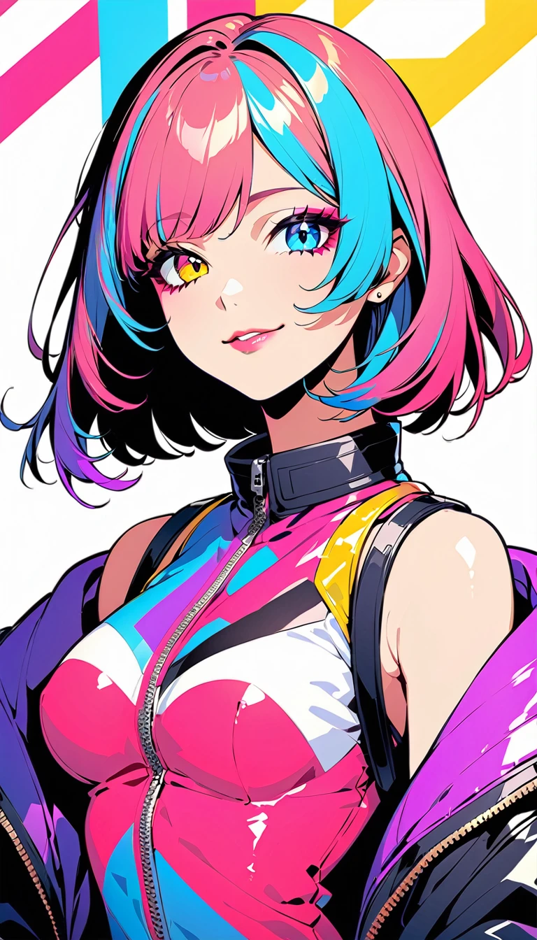 (Highest quality:1.2, City Pop Style, Very detailed, Latest, Vibrant, High Contrast,masterpiece), 1 girl, solo, Anime Style, Heterochromia iridis, Hollow Eyes, Half Eye, Lips pink, lip, smile, Cyberpunk makeup, Long bangs on one side, Asymmetrical Short Hair, (Colorful Hair), Bobcut, pastel colour, 1980s style, ((Retro, Vintage, Plain background))