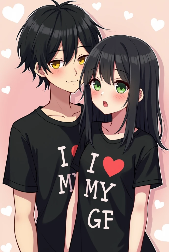Couple cute girl should have black hair and green eyes, girl wearing black shirt that says 'I heart my bf', boy emo blushing with a black shirt that reads 'I heart my gf', cute couple daily cartoon style, boy with black hair and yellow cold eyes, master piece, nice shading, detailed back ground, anime, best quality, MUST INCLUDE I LOVE MY