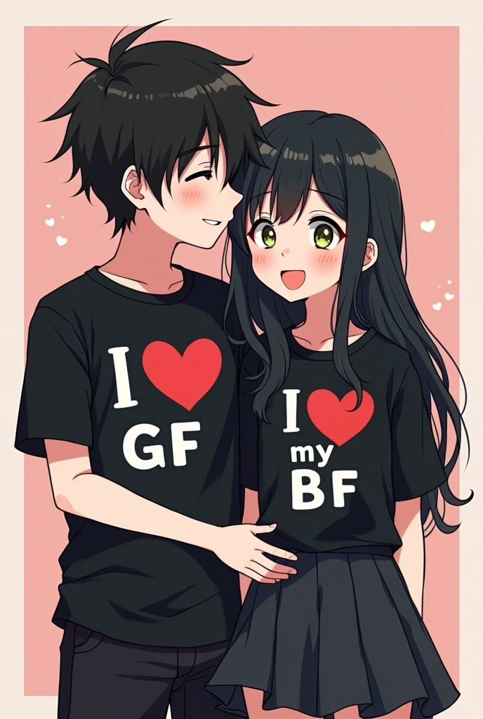 Couple cute girl should have black hair and green eyes, girl wearing black shirt that says 'I heart my bf', boy emo blushing with a black shirt that reads 'I heart my gf', cute couple daily cartoon style, boy with black hair and yellow cold eyes, master piece, nice shading, detailed back ground, anime, best quality, MUST INCLUDE I LOVE MY 