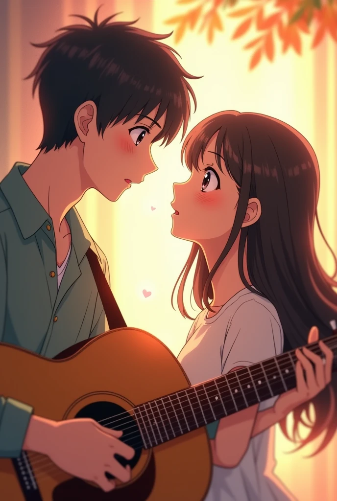 A pair of pictures of a girlfriend listening to her boyfriend sing and play, in an anime style