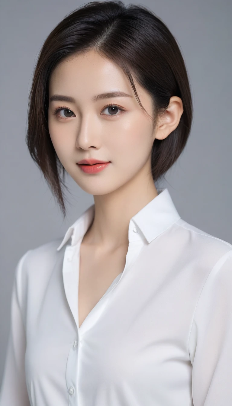 8K, Ultra-high resolution, best quality, masterpiece, 三分割法によるphoto,Surrealism, photo, 1 girl, (16 years old:1.3), pretty girl, Cute face, Beautiful eyes in every detail, 細かくdetailedに,masterpiece,A girl:1.2, Japanese female announcer,On the table,glare,Black Hair,Slicked-back hair,suit,White collared shirt,Chest button open,Clear focus、Perfect dynamic composition、Beautiful and detailed、Thinning hair、Realistic skin texture,Attention to detail、Smile、Close-up portrait、Model body type,Looking at the audience、beauty,Long Neck、(((Ideal body shape))),A cup small breasts :2,、image:2、Perfect anatomical structure、なdetailed、detailed、Surrealism、Light and Shadow,glare