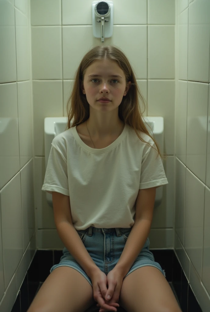 (A girl is urgently peeing on a urinal) (Realistic) (peeing in the men’s restroom) sitting on the urinal peeing