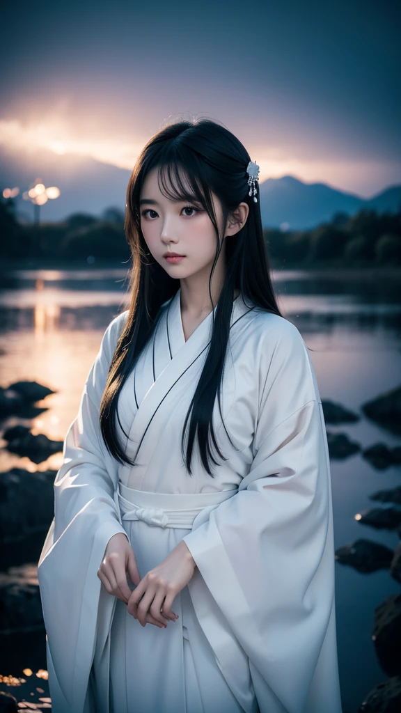 Delicate and dainty young woman with shiny long black hair . She is wearing japanese white kimono. The background is a fantastic and ethereal night sky that seems to be haunted by a specter. Her expression is stern and atmospheric.