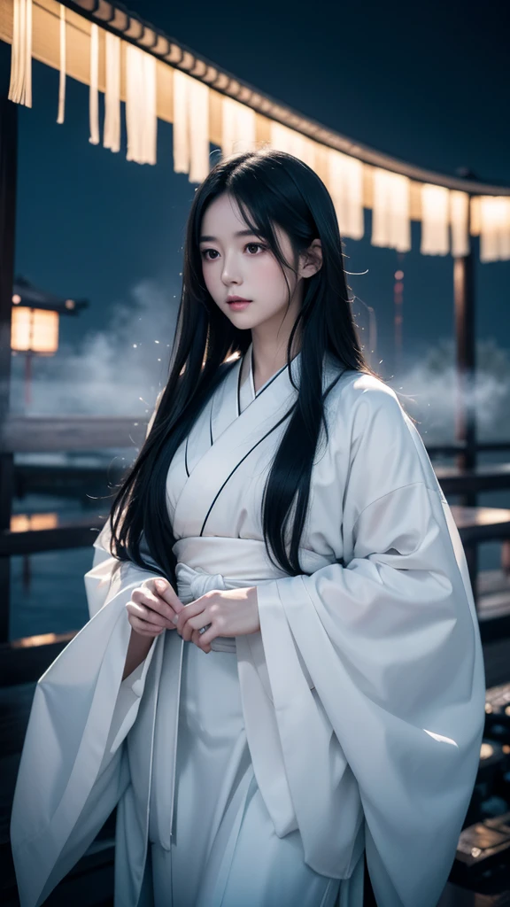 Delicate and dainty young woman with shiny long black hair . She is wearing  japanese white kimono. The background is a fantastic and ethereal night sky that seems to be haunted by a specter. Her expression is stern and atmospheric. 