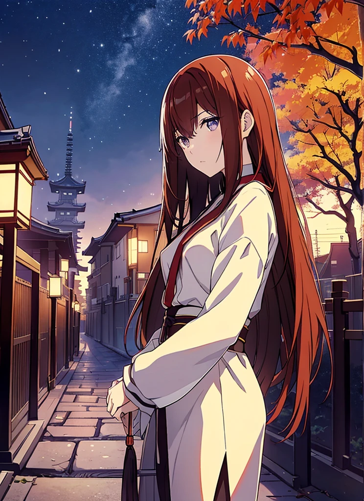 (makise kurisu, Steinsgate),(Official Art、Highest quality、Unity 8k wallpaper、32K、masterpiece、Ultra-detailed、Ultra-high resolution、Realistic、Photorealistic:1.2)、(Cinema Lighting:1.2)、Fire Glow Effect、The most grainy shadows on the film、Rim Light、Side light、(Ultra-detailedで複雑な3Dレンダリング)、細部までBeautiful Faceと目、Slender、Medium Bust、(whole body:1.2)、(Side Shot、avert your eyes:1.2)、(Mysterious、moonlight)、Highly detailed background、Beautiful Face、Beautiful girl、(Ultra-detailedなスキン、Detailed skin texture:1.3)、Japanese garden、Cowboy Shot、Tree with red leaves on the background of the tower々, Japan at Night, Japan Tourism, Japan Deeper Journey Exploration, Japanese Temples, Pagoda, at night!!, Set it to night, at night!, Beasts, Vivid!!, Japan at Nightの街, panoramic, Ancient Japanese architecture, by Torii Kiyomasu II, November, Kyoto Japan Setting