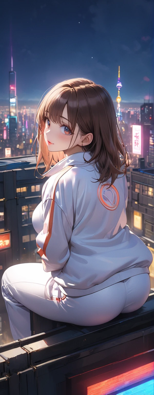 Straight Hair、Brown Hair,Medium Hair,((White Track Jacket&White sweatpants)), Looks about , (beautiful girl: 1.3),1girl,Highest quality,8k,Highly detailed CG unit wallpaper,masterpiece:1.2,Highest quality,Ultra-high resolution,RAW Photos,Realistic textured skin,Cinema Lighting,great Joy,Big eyes,Detailed eyes,Glossy lipstick,Perfect Makeup,Ultra-high definition beauty face,Huge building,Metropolis,voluptuous,(((Big, round and beautifully shaped butt))),(Sitting on the rooftop of a skyscraper in Cyber City),(Panoramic View),night,Detailed neon lights,sequin,((Butt pose)),from behind,Gazing-into-the-Distance,(White Track Jacketが引き裂かれる:1.5),skin tightncient runes,(She has her back to us and is looking out at the city.:1.3),
