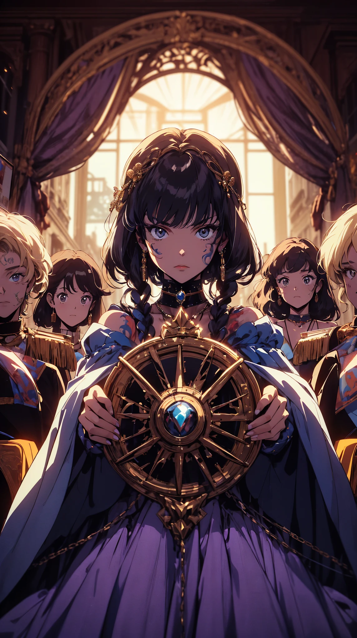 (high quality), (masterpiece), (detailed), 8K, Enchanted (ceremony hall1.3) filled with (opulent decor1.2). Teenage girl (gripping enchanted shield1.4), her (fierce expression1.5) contrasting with the (calm nobles1.2). (Tension1.3) in the air as she prepares to (unveil dark secrets1.3) in the kingdom. (Cinematic lighting1.2). (high quality), (masterpiece), (detailed), 8K, Anime style character with (cool and edgy tattoos1.3), dressed in (fashionable clothing1.2), posing confidently. Expression fierce, stylish accessory coiled around arm. Thicker outlines emphasize striking, modern fashion, vibrant palette enhances scene.