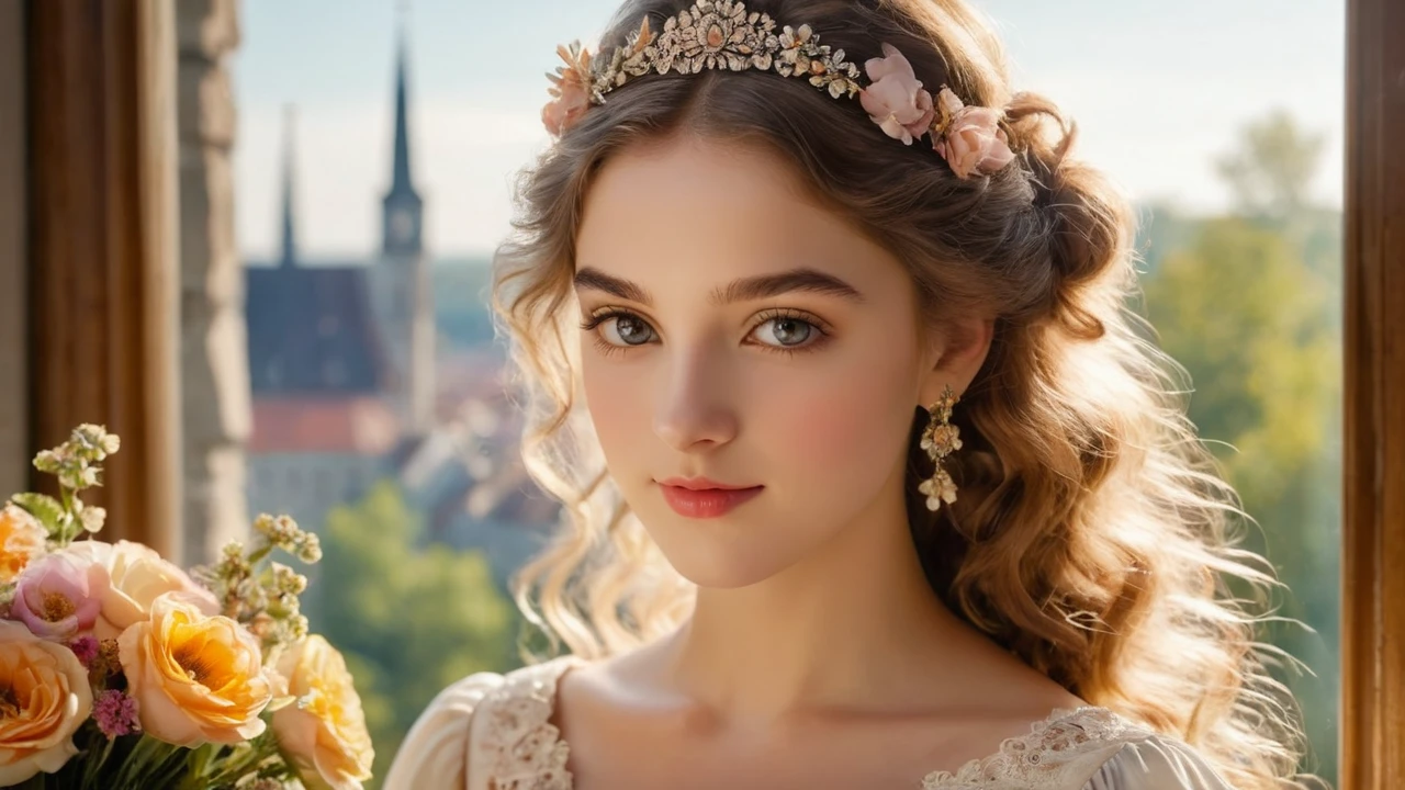 Portrait of a beautiful 16-year-old German girl in Munich in the 19th century: Oil painting of beautiful and delicate eyes, Beautiful and delicate lips, Extremely detailed eyes and face, Long eyelashes,Chestnut curly hair, Paired with delicate flower hair accessories,Elegant and gorgeous dresses in bright colors, Decorated with delicate lace and embroidery,Manicured hands holding a bouquet of flowers,Skin is soft and radiant, Healthy complexion,The eyes reveal the innocence and curiosity of youth,Beautiful figure,Gentle smile, The light sunlight shines in through the window, exuding eternal charm, A warm glow was cast on her face,Impeccable attention to lighting and shadows, Emphasizes a girl's natural beauty with rich and vibrant tones, Capturing the elegance and grandeur of 19th century Munich,Delicate brushwork and exquisite details, Demonstrating the artist's skill and mastery of the medium
(masterpiece:1.2), Extremely detailed, (Reality:1.37), HDR, Ultra HD, Professional portrait style, Reminiscent of the masters of that era,The overall atmosphere is warm and pleasant, Take the audience back to the past era