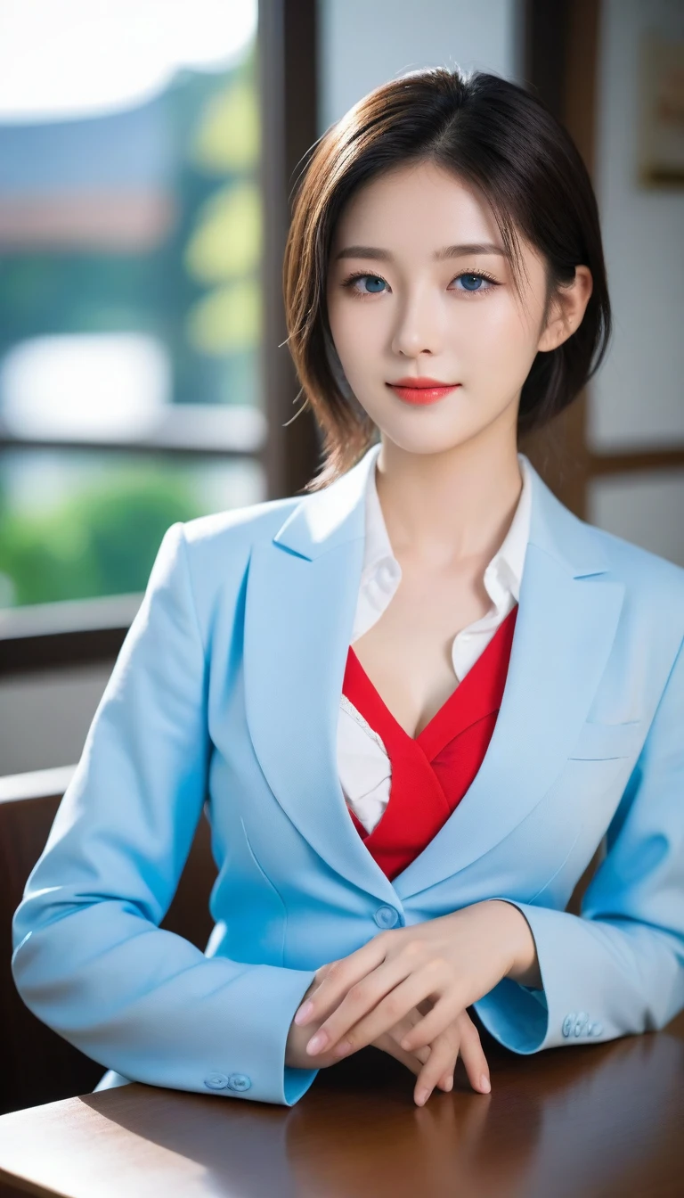 8K, Ultra-high resolution, best quality, masterpiece, 三分割法によるphoto,Surrealism, photo, 1 girl, (16 years old:1.3), pretty girl, Cute face, Beautiful eyes in every detail, (((Light blue eyes:2.1))),細かくdetailedに,masterpiece,A girl:1.2, Japanese female announcer,On the table,glare,Black Hair,Slicked-back hair,suit,White collared shirt,Clear focus、Perfect dynamic composition、Beautiful and detailed、Thinning hair、Realistic skin texture,Attention to detail、Smile、Close-up portrait、Model body type,Looking at the audience、beauty,Long Neck、(((Ideal body shape))),(((C cup breasts :2))),、image:2、Perfect anatomical structure、なdetailed、detailed、Surrealism、Light and Shadow,glare