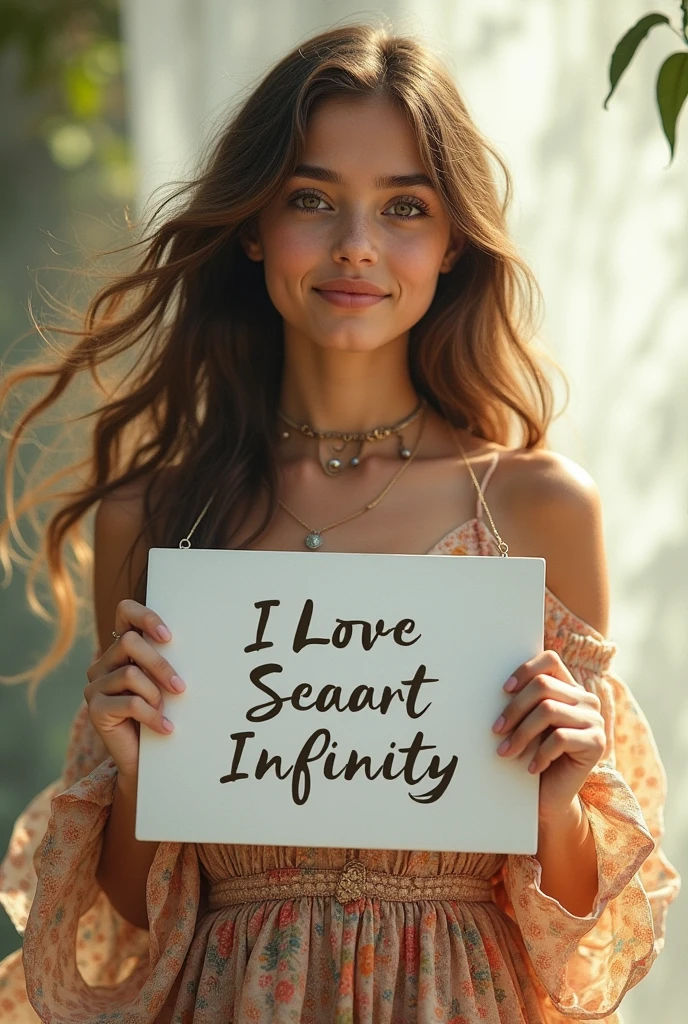 Beautiful girl with wavy long hair, bohemian dress, holding a white board with text "I Love Seaart Infinity" and showing it to the viewer