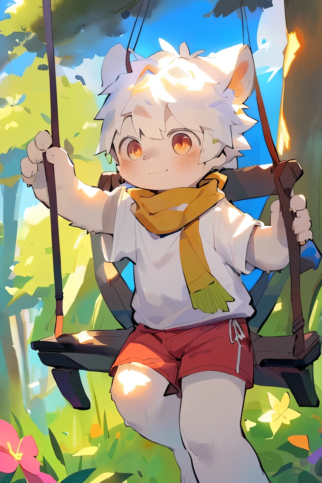 masterpiece, best quality, Perfect anatomical structure, Bright Eyes, Big watery eyes, From milkytiger1145, author:K0BIT0WANI,Pino Deheny, Carney announced, milkytiger1145, Dagasi, Yes, boy,Toddler,Shota,侏儒兔boy,Bunny ears,毛茸茸的boy,Red pupil,Blue skin,White Arm,White hair,scarf,shorts,Forest Background,Flowers,swing,Swing