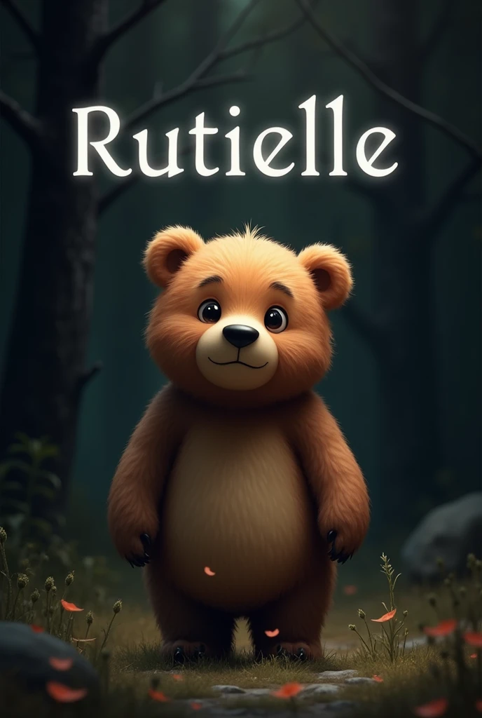 Create a bear with a dark background and the name Rutielle in large bold letters o urso tem que ser fofinho