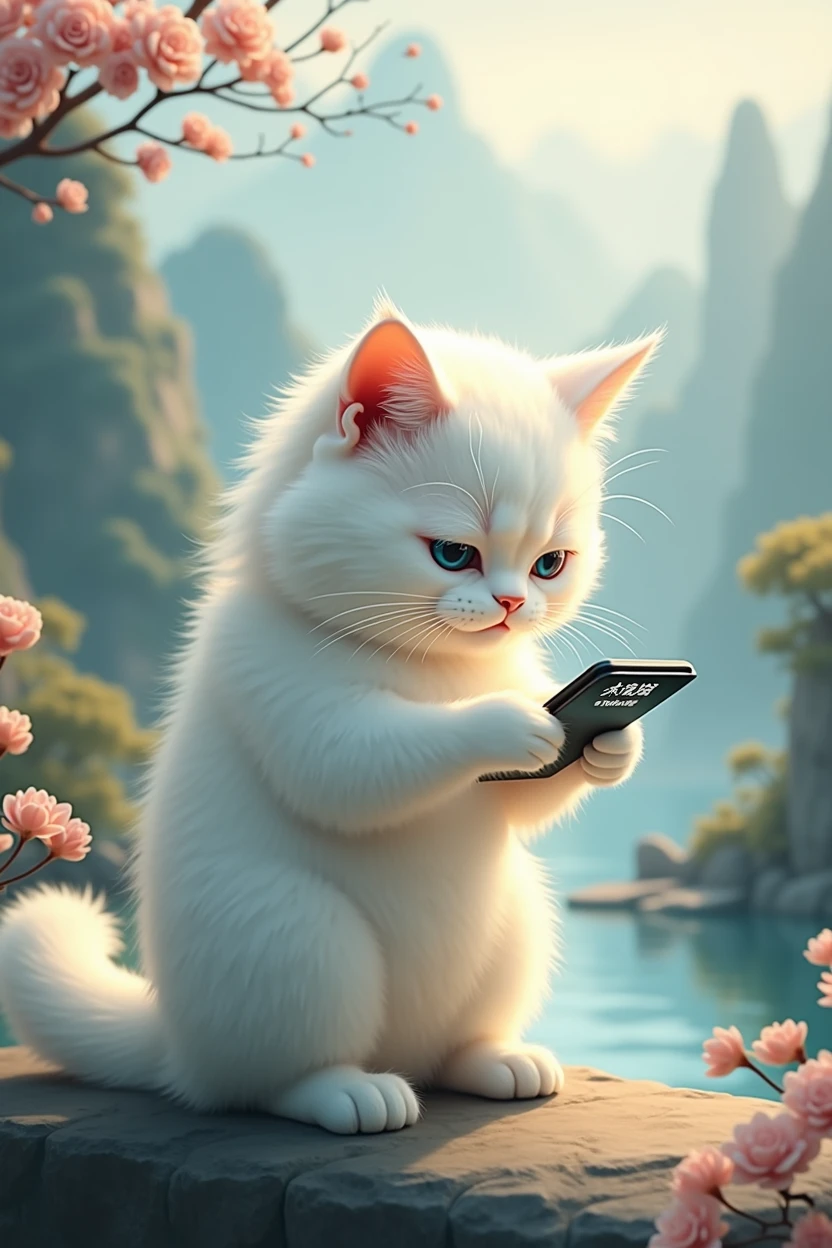 A white cat who loves to show off her presence,sad expression,Cat holding mobile phone,Holding the mobile phone and pressing the love button,Press love on mobile phone,background chinese style,With magnet block