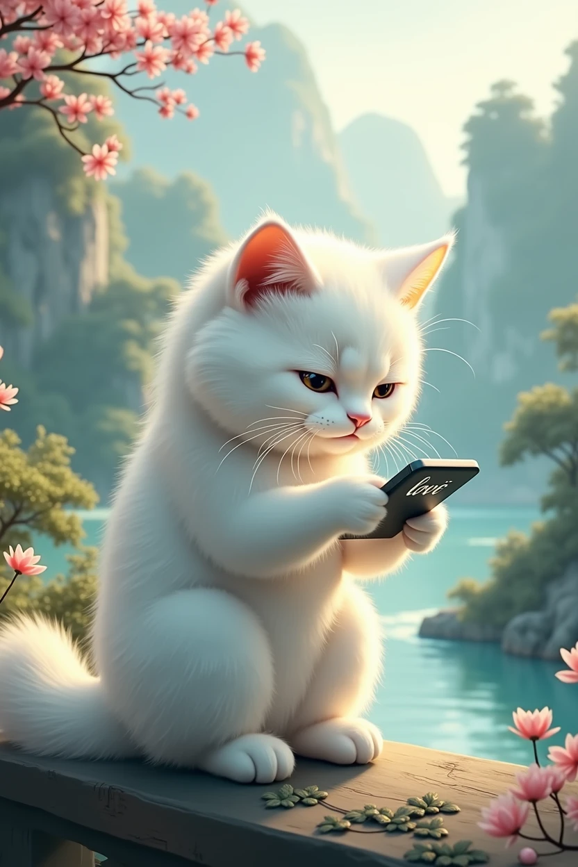 A white cat who loves to show off her presence,sad expression,Cat holding mobile phone,Holding the mobile phone and pressing the love button,Press love on mobile phone,background chinese style,With magnet block