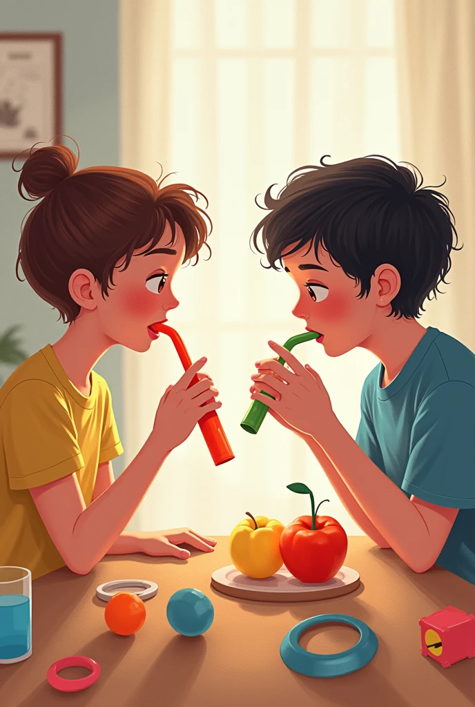 Two people play with plastic juice pipe and rubber ring and they press pipe with their lips and give it to each other 
