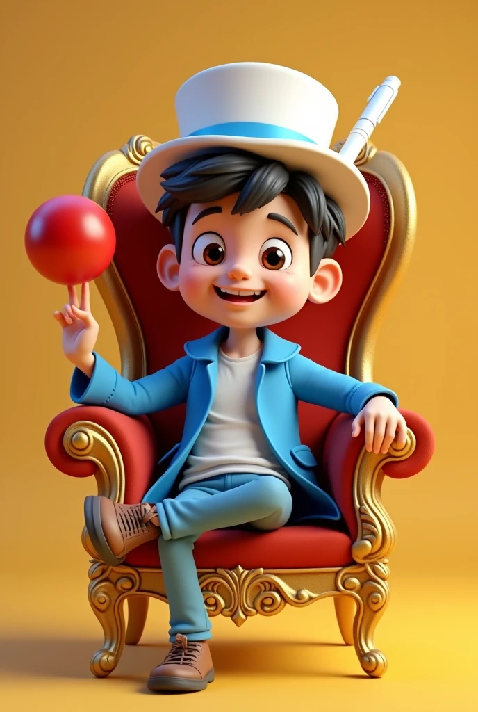 3D Cartoon boy 15 age sitting on golden chair, right leg above left or white hat, blue coat, white pen on head 
The right hand holds a red ball
