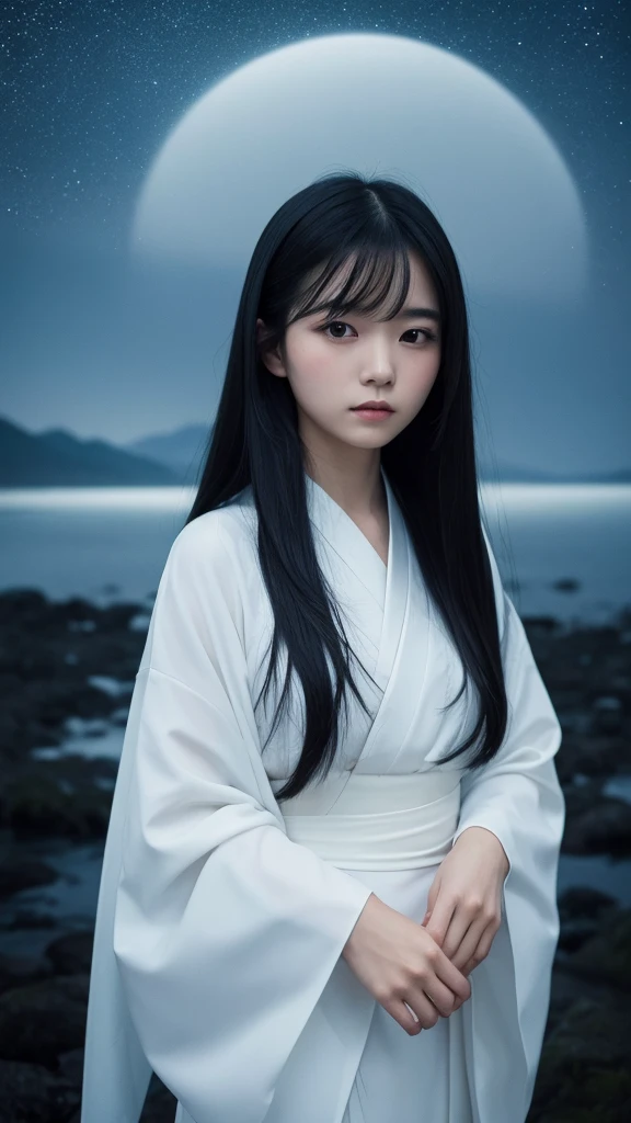 Delicate and dainty young woman with shiny long black hair . She is wearing japanese white kimono. The background is a fantastic and ethereal night sky that seems to be haunted by a specter. Her expression is stern and atmospheric.