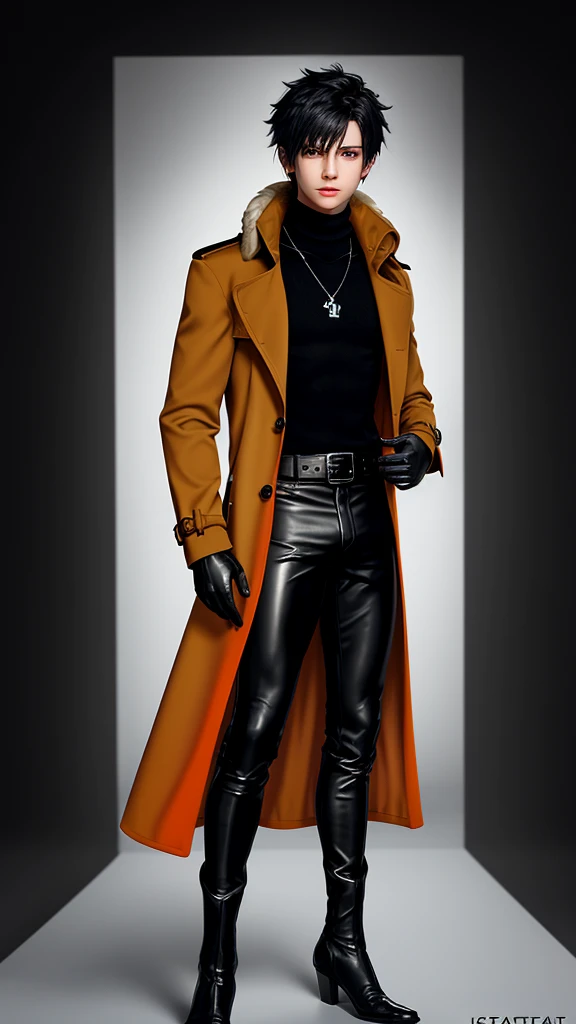 Final fantasy taste and reality graphics, Japanese young cute and cool ikemen  boy, his age is early 20s, thin eyebrows and beady eyes,  he wearing orange beige color double brest very thick trench coat, with a black color neck fur.,neck fur is black color, must black neck fur,
Must tighten your belt og coat, with epaulet, must close the front of the trench coat,, must trench coat cloth the front, also wearing black very thick turtleneck lackluster shirts,  tight black leather pants, shiny black leather tight and must put on a thin leather glove both hands, black leather knee-high raceup boots,must views  head-to-toe,must views whole body, boy looks like fashion model,Do not show skin from the neck down,leather jacket leather glove and leather pants have few wrinkles,boy in the room,,Avoid showing your innerwear,must close coats waist belt.