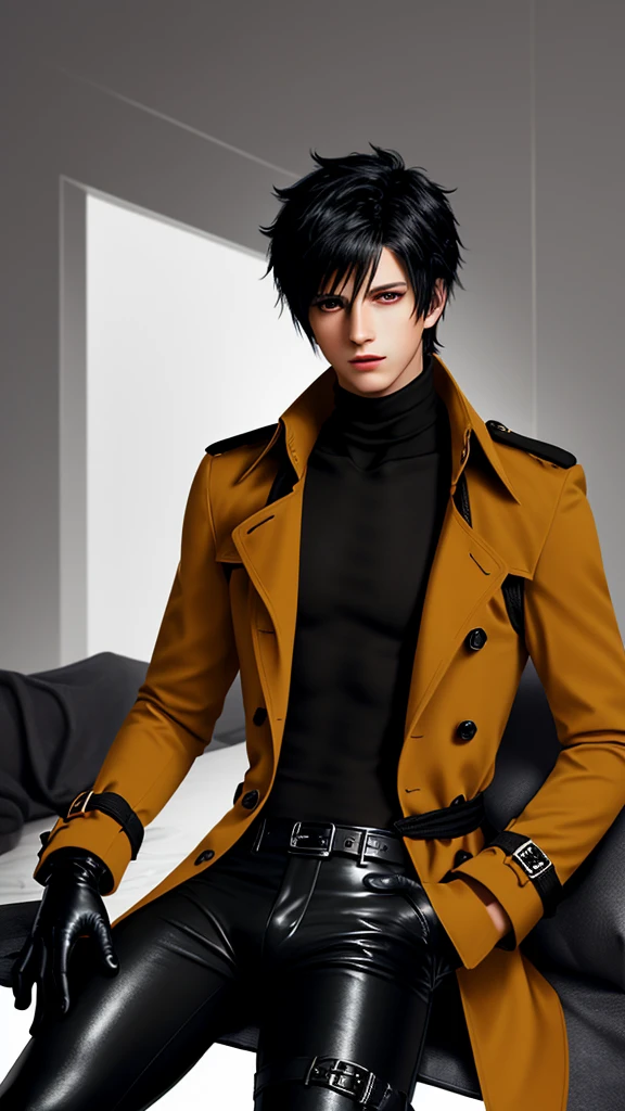 Final fantasy taste and reality graphics, Japanese young cute and cool ikemen boy, his age is early 20s, thin eyebrows and beady eyes, he wearing orange beige color double brest very thick trench coat, with a black color neck fur.,neck fur is black color, must black neck fur,
Must tighten your belt og coat, with epaulet, must close the front of the trench coat,, must trench coat cloth the front, also wearing black very thick turtleneck lackluster shirts, tight black leather pants, shiny black leather tight and must put on a thin leather glove both hands, black leather knee-high raceup boots,must views head-to-toe,must views whole body, boy looks like fashion model,Do not show skin from the neck down,leather jacket leather glove and leather pants have few wrinkles,boy in the room,,Avoid showing your innerwear,must close coats waist belt.
