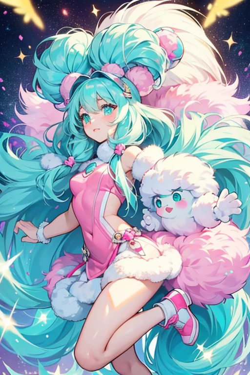 Fuzz is a fluffy white girl yeti with a light turquoise face, arms, and legs, and pink cheeks. SPARKLE; GLITTER