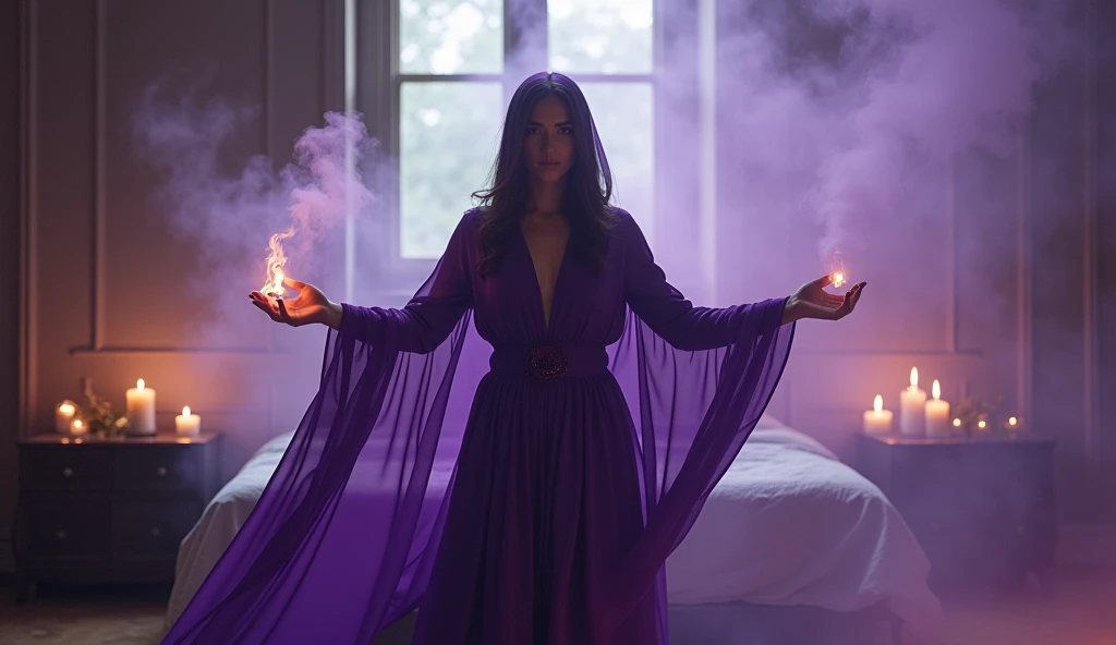 woman in violet priestess cape fumigating the master bedroom of her home with burning herbs and incense, display a lot of smoke, convey depth, in the background bed, aromatic herbs, in the scene small lit candles