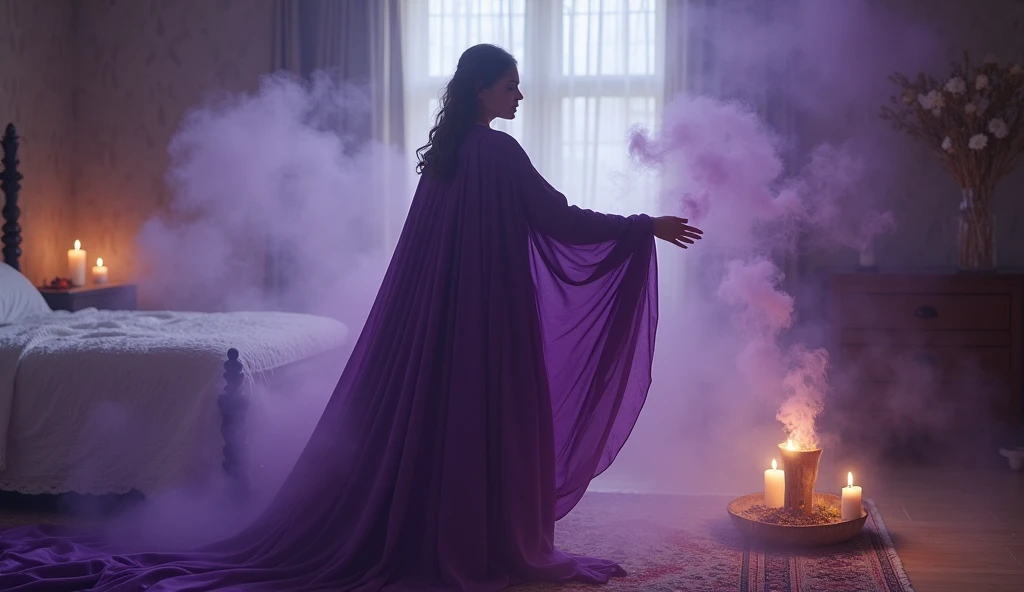 woman in violet priestess cape fumigating the master bedroom of her home with burning herbs and incense, display a lot of smoke, convey depth, in the background bed, aromatic herbs, in the scene small lit candles