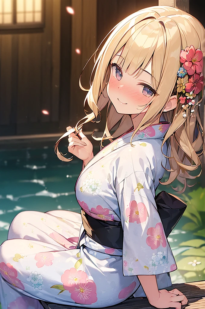 (Masterpiece, Top quality:1.5), (from side:1.2), 1 beautiful girl, solo, sitting, Blonde, medium Hair, wavy Hair, asymmetry bangs, swept bangs, airy hair, large breasts:1.4, 16 year old, (flower printed yukata :1.3), (smile:1.2), (nose blush:1.2), beautiful scene of narrow Alley, blurry background, magnificent panorama view, blurry background, firework