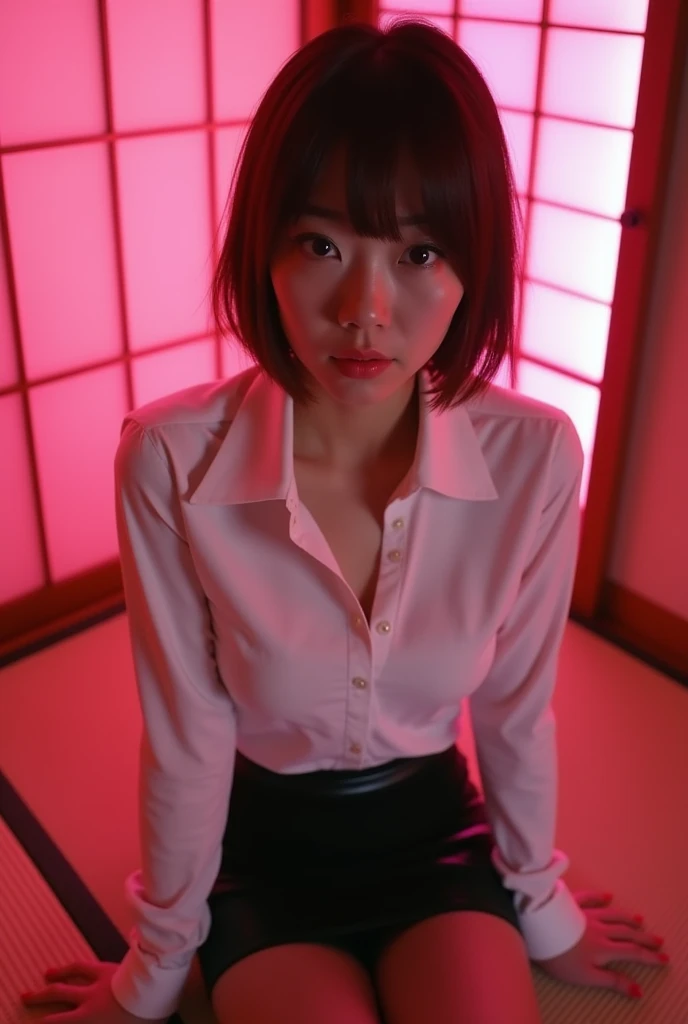 ((Japanese actress)) ((Plump and Shiny Lips)) Big Breasts ((Short brown hair with bangs)) ((Looking into the camera)) Sit with your legs apart ((White button shirt and black enamel tight skirt)) Low-angle shot of a person standing facing forward look down ((A bedroom with shoji and tatami mats lit up in pink neon lights))