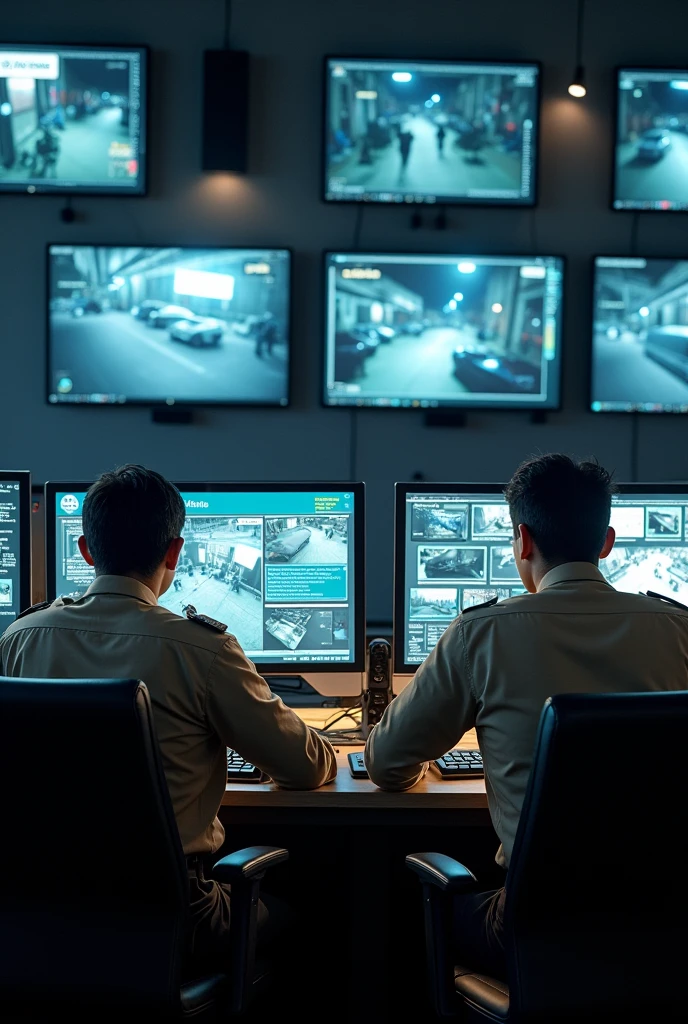 A video from a private security company where four monitors are checking video surveillance and giving orders by radio to condominium guards. There must be eight active computers. The staff must be Hispanic and be wearing beige uniforms.
