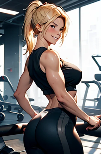 young woman working out in the gym, Slim but muscular body, blonde hair tied in a ponytail, smiling and provocative expression towards the men who observe her, She is wearing a tight top that shows off her large breasts and highlights her nipples., a little bit of sweating, low rise leggings, a nice worked ass, side shot