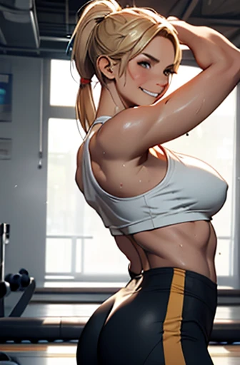 young woman working out in the gym, Slim but muscular body, blonde hair tied in a ponytail, smiling and provocative expression towards the men who observe her, She is wearing a tight top that shows off her large breasts and highlights her nipples., a little bit of sweating, low rise leggings, a nice worked ass, side shot