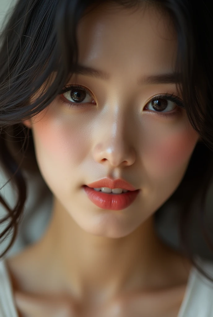 An upper body close-up of an Japanese woman, her eyes full of allure, eyelashes fluttering slightly, lips painted in an enticing peach pink, displaying her sensuality and confidence.