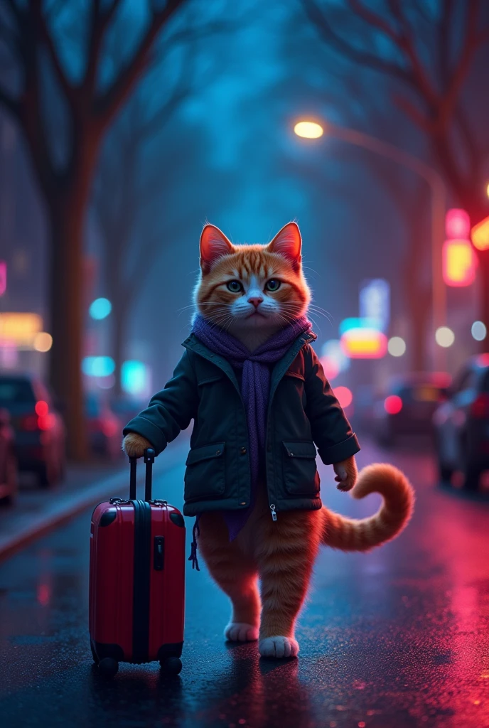 “Create an image of an anthropomorphic cat feline character, a crying cat picking up his suitcase, walking alone on the street, around low light trees, the cat neon light effect