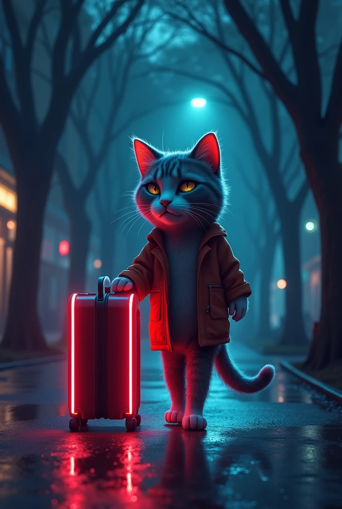 “Create an image of an anthropomorphic cat feline character, a crying cat picking up his suitcase, walking alone on the street, around low light trees, the cat neon light effect