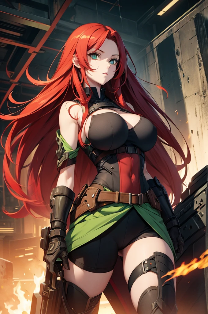 Woman long red hair green eyes big breast apocalypse