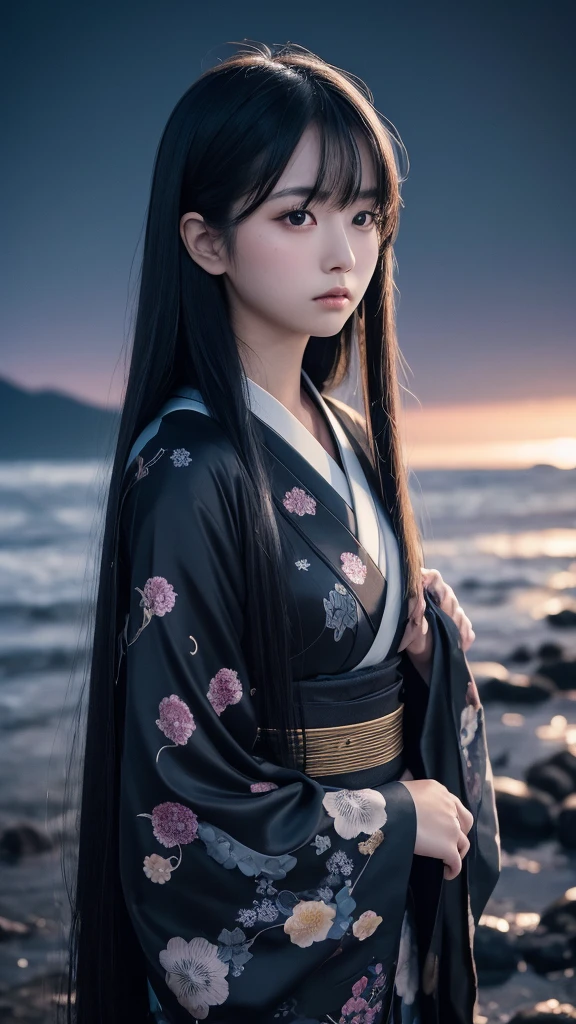 Delicate and dainty young woman with shiny long black hair . She is wearing japanese kimono. The background is a fantastic and ethereal night sky that seems to be haunted by a specter. Her expression is stern and atmospheric.