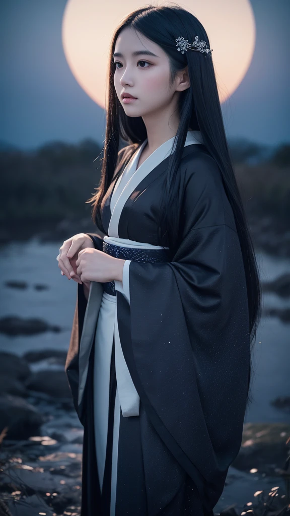 Delicate and dainty young woman with shiny long black hair . She is wearing japanese kimono. The background is a fantastic and ethereal night sky that seems to be haunted by a specter. Her expression is stern and atmospheric.
